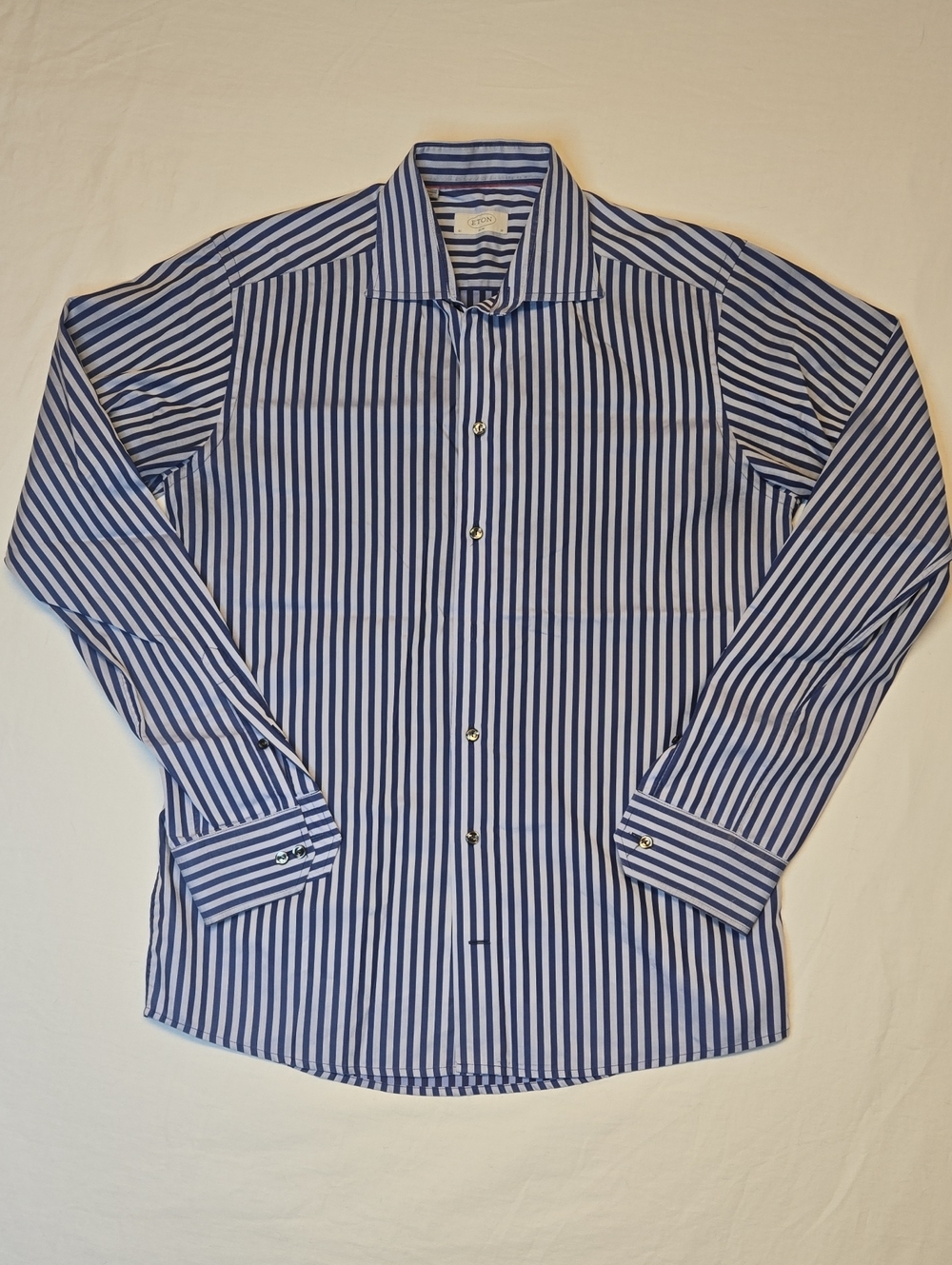 Eton Blue Two Tone Vertical Stripe Button Down Long Sleeve Cotton Dress Shirt